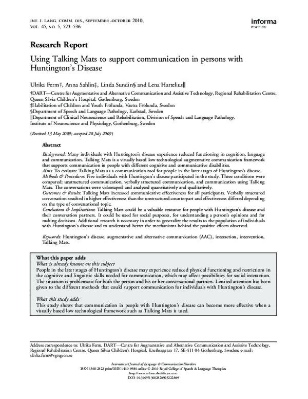 (PDF) Using Talking Mats to support communication in persons with