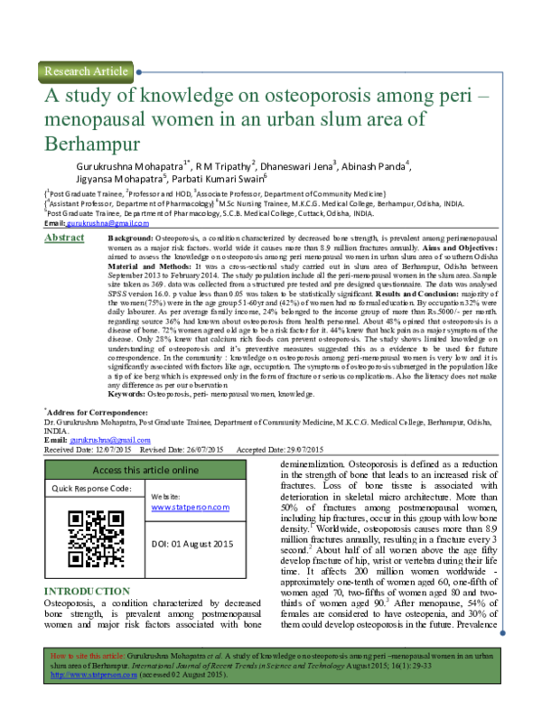 (PDF) A study of knowledge on osteoporosis among peri menopausal women ...