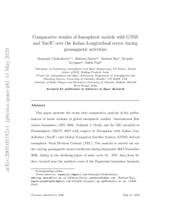 (PDF) Comparative studies of ionospheric models with GNSS and NavIC ...