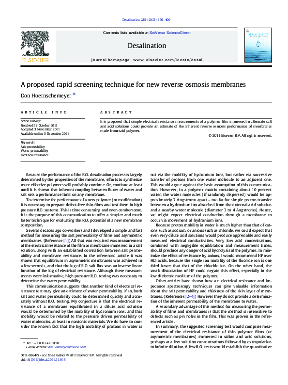 (PDF) A proposed rapid screening technique for new reverse osmosis ...