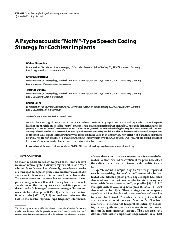 (PDF) A psychoacoustic NofM-type speech coding strategy for cochlear ...