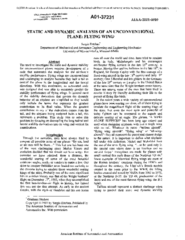 (PDF) Static and dynamic analysis of an unconventional plane: flying wing