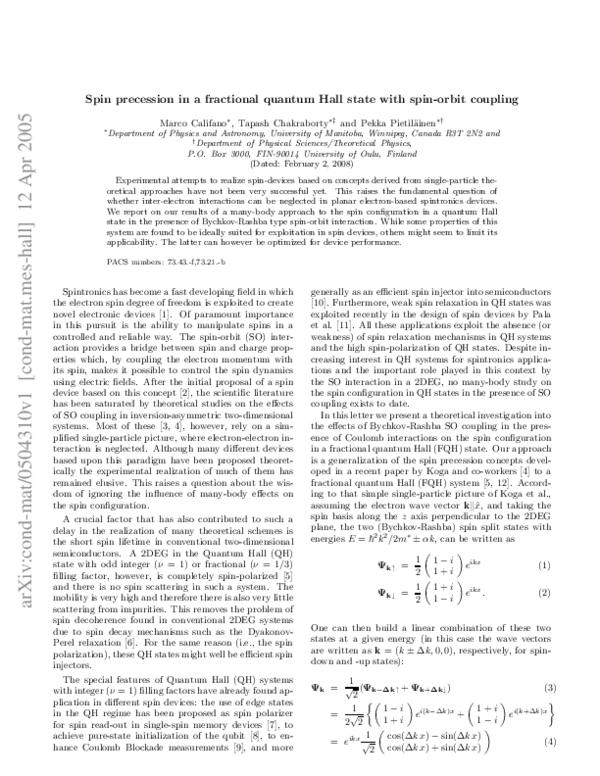 (PDF) Spin precession in a fractional quantum Hall state with spin ...