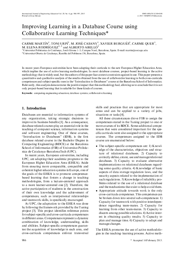 (PDF) Improving learning in a database course using collaborative ...