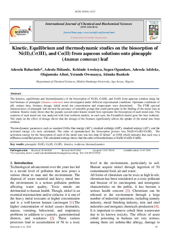 (PDF) Kinetic , Equilibrium and thermodynamic studies on the ...