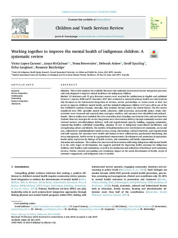 (PDF) Working together to improve the mental health of indigenous ...