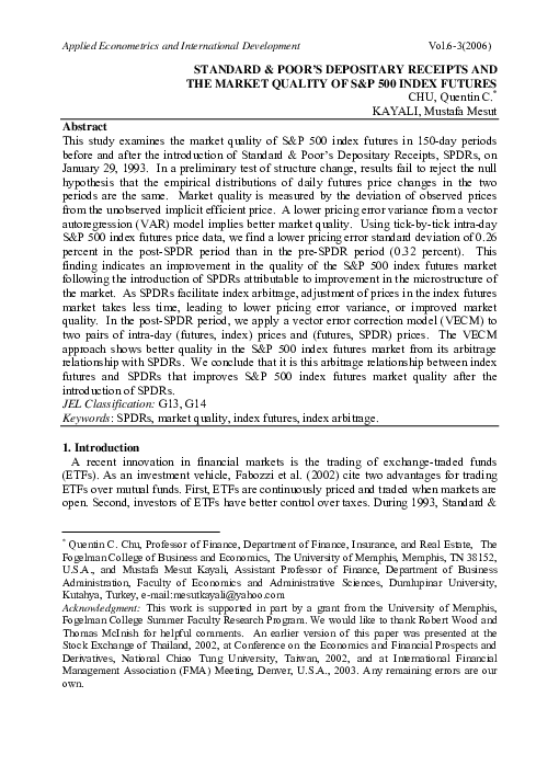 (PDF) Standard & Poor’s Depositary Receipts and the Market Quality of S&P 500 Index Futures