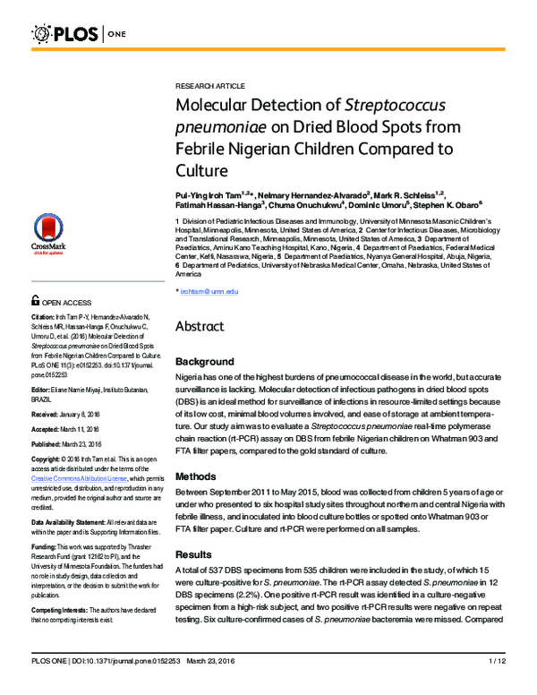 (PDF) Molecular Detection of Streptococcus pneumoniae on Dried Blood ...