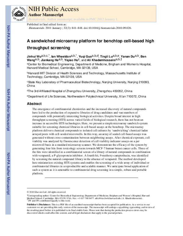 (PDF) A sandwiched microarray platform for benchtop cell-based high ...