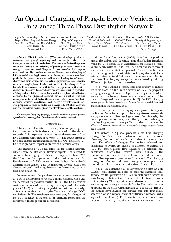 (PDF) An Optimal Charging of Plug-In Electric Vehicles in Unbalanced ...