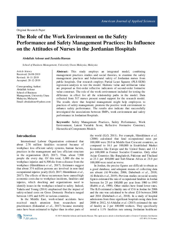 (PDF) The Role of the Work Environment on the Safety Performance and ...