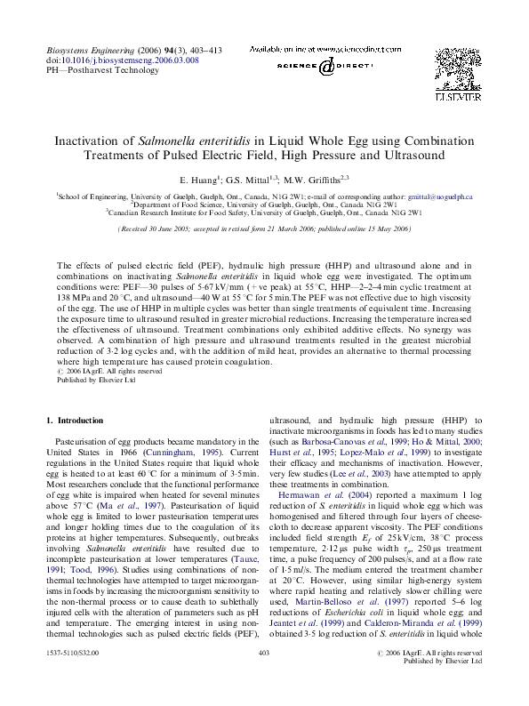 (PDF) Inactivation of Salmonella enteritidis in Liquid Whole Egg using ...