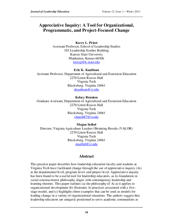 (PDF) Appreciative Inquiry: A Tool for Organizational, Programmatic ...