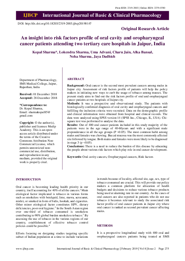 (PDF) An insight into risk factors profile of oral cavity and ...