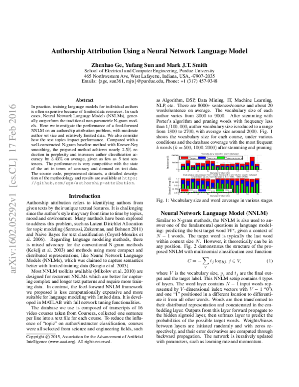 (PDF) Authorship Attribution Using a Neural Network Language Model