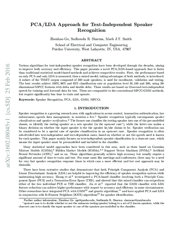 (PDF) PCA/LDA approach for text-independent speaker recognition