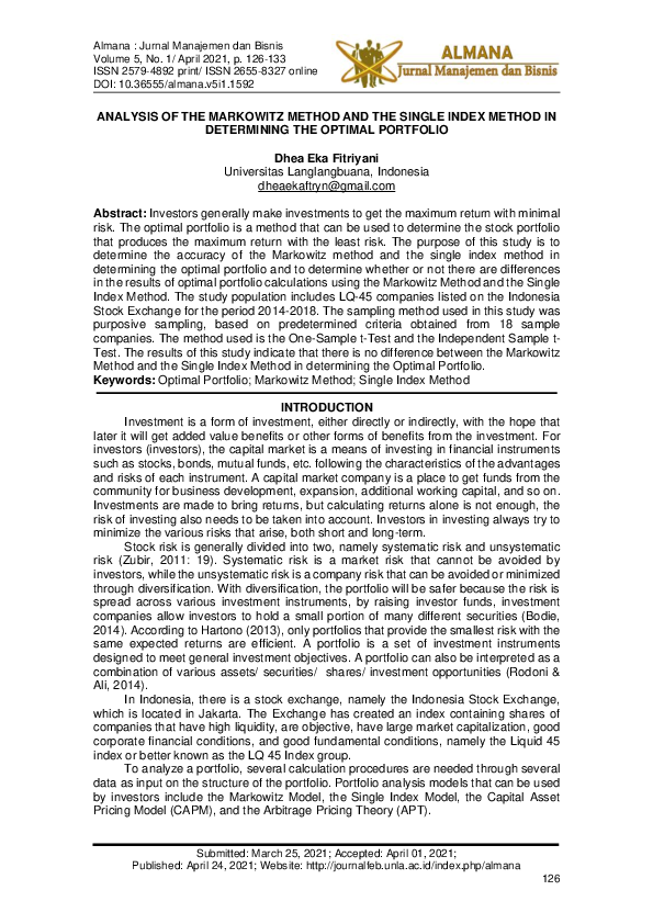 (PDF) Analysis of the Markowitz Method and the Single Index Method in ...