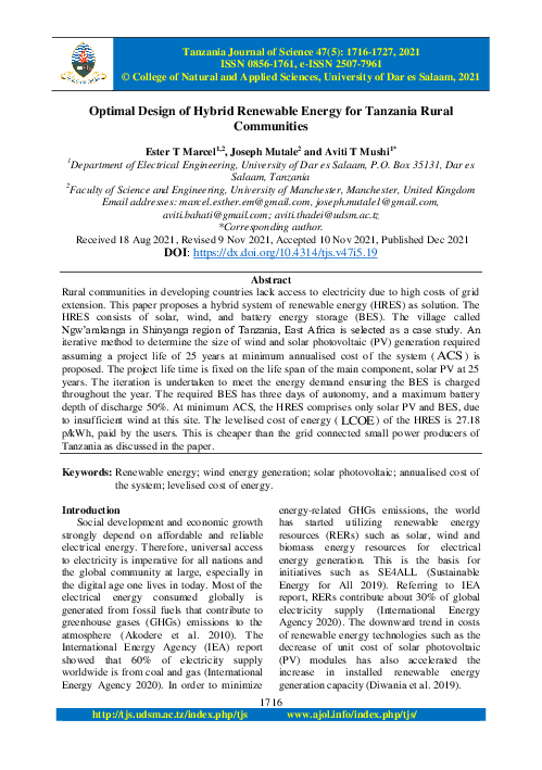 (PDF) Optimal design of hybrid renewable energy for Tanzania rural ...