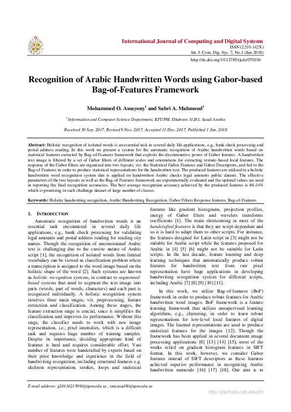 (PDF) Recognition of Arabic Handwritten Words using Gabor-based Bag-of ...