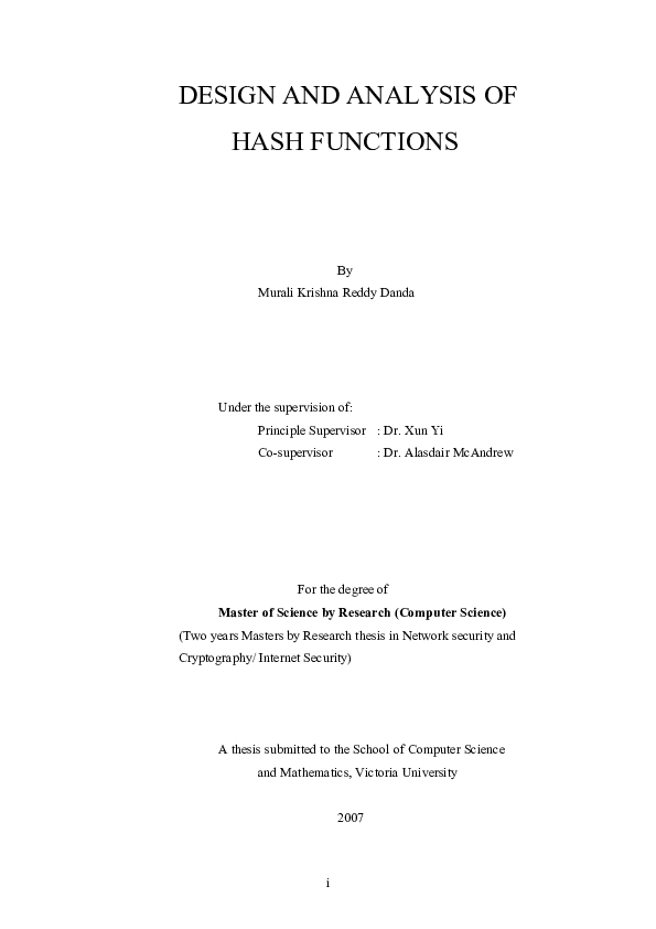 (PDF) Design and analysis of hash functions