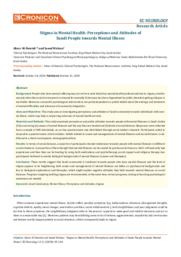 (PDF) Stigma in Mental Health: Perceptions and Attitudes ofSaudi People ...