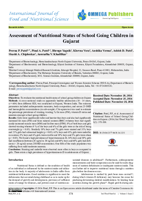 (PDF) Assessment of Nutritional Status of School Going Children in Gujarat