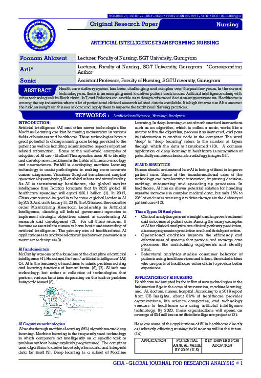 (PDF) ARTIFICIAL INTELLIGENCETRANSFORMING NURSING Original Research