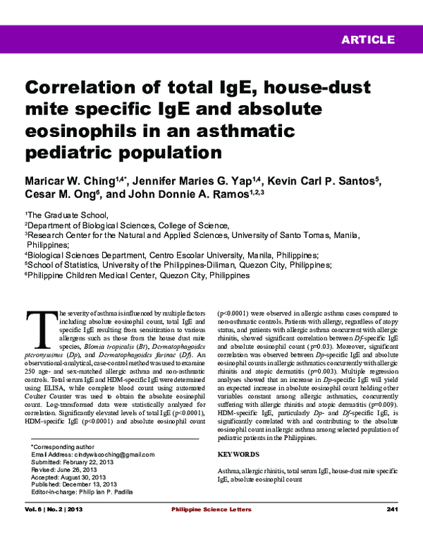 (PDF) Correlation of total IgE, housedust mite specific IgE and