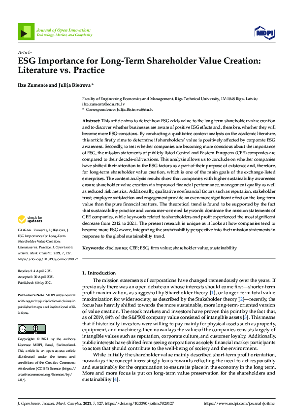 (PDF) ESG Importance for Long-Term Shareholder Value Creation ...