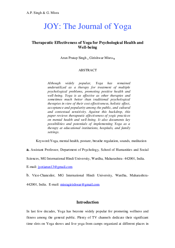 (PDF) Therapeutic Effectiveness of Yoga for Psychological Health and ...