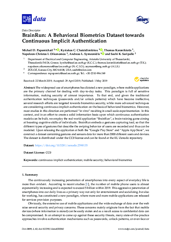 (PDF) BrainRun: A Behavioral Biometrics Dataset towards Continuous ...