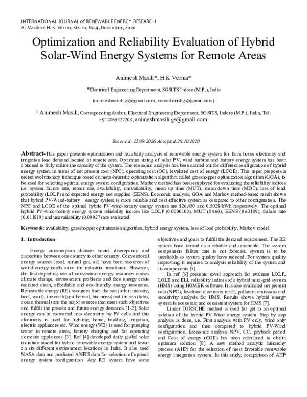 (PDF) Optimization and Reliability Evaluation of Hybrid Solar-Wind ...