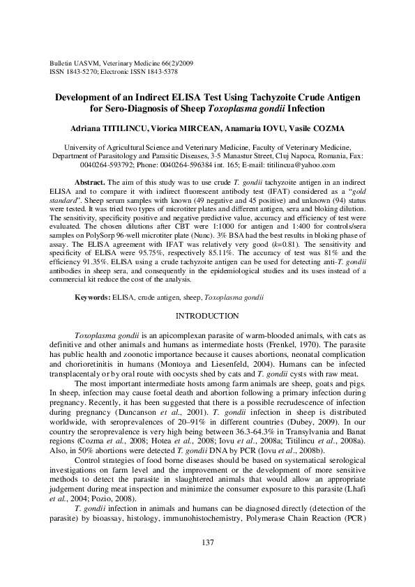(PDF) Development of an Indirect ELISA Test Using Tachyzoite Crude ...
