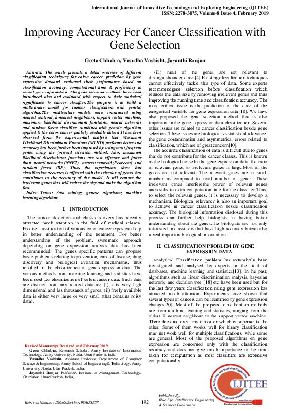 (PDF) Improving Accuracy For Cancer Classification with Gene Selection