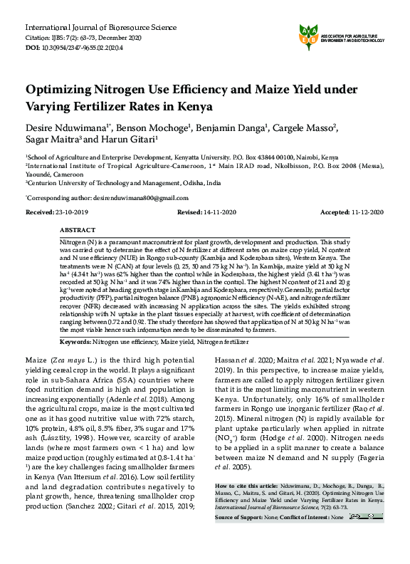 (PDF) Optimizing Nitrogen Use Efficiency and Maize Yield under Varying ...