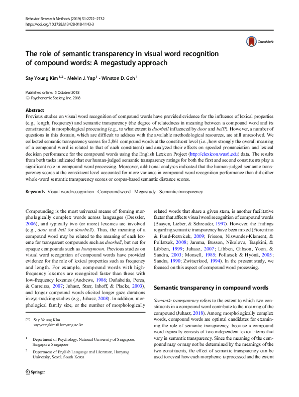 (PDF) The role of semantic transparency in visual word recognition of ...