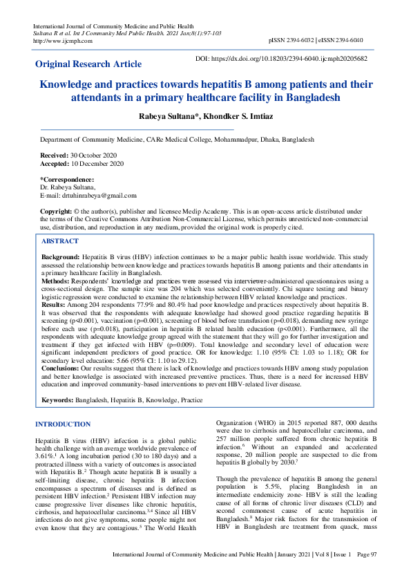 (PDF) Knowledge and practices towards hepatitis B among patients and ...