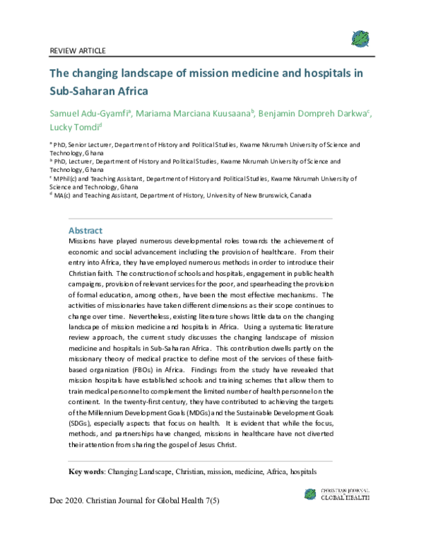 (PDF) The Changing Landscape of Mission Medicine and Hospitals in Sub ...