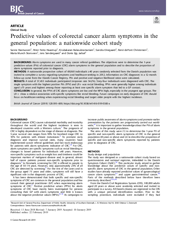 (PDF) Predictive values of colorectal cancer alarm symptoms in the ...