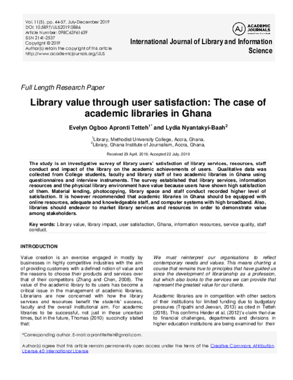 (PDF) Library value through user satisfaction: The case of academic ...