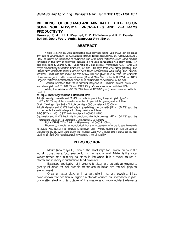 (PDF) Influence of Organic and Mineral Fertilizers on Some Soil ...