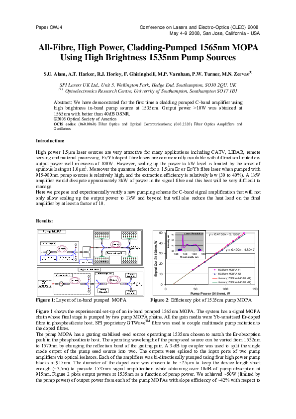 (PDF) All-fibre, high power, cladding-pumped 1565nm MOPA pumped by high ...