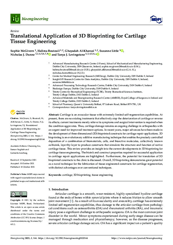(PDF) Translational Application of 3D Bioprinting for Cartilage Tissue ...