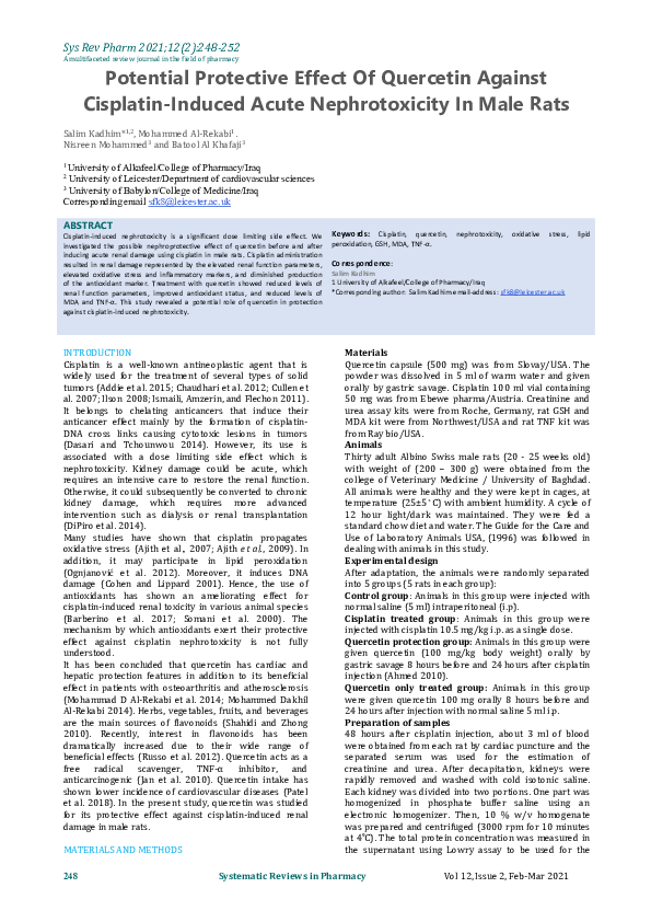 (PDF) Potential Protective Effect Of Quercetin Against Cisplatin ...