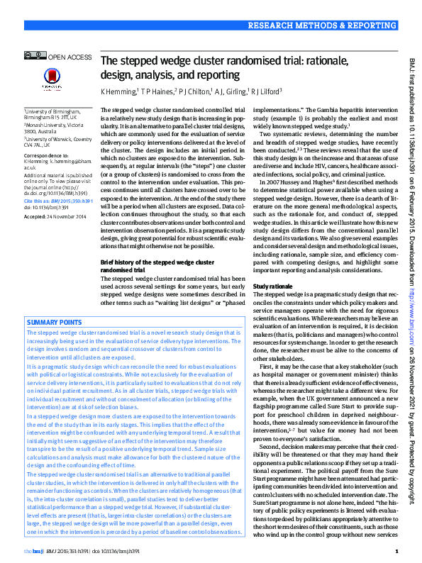 (PDF) The stepped wedge cluster randomised trial: rationale, design ...