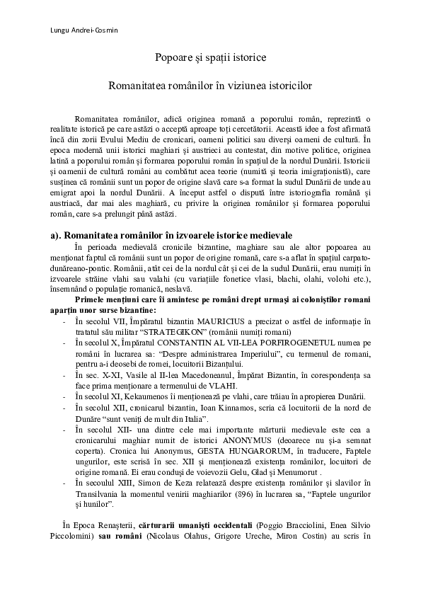 (DOC) Popoare ?i spa?ii istorice Romanitatea românilor în viziunea