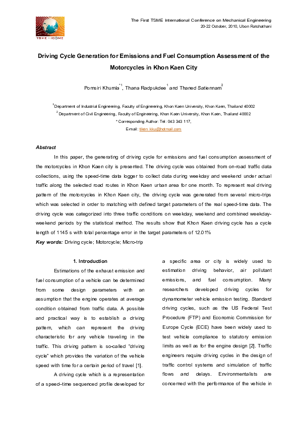 (PDF) Driving Cycle Generation for Emissions and Fuel Consumption ...