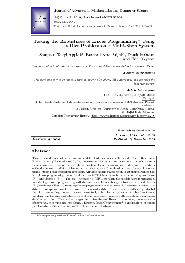 (PDF) Testing the Robustness of Linear Programming* Using a Diet ...