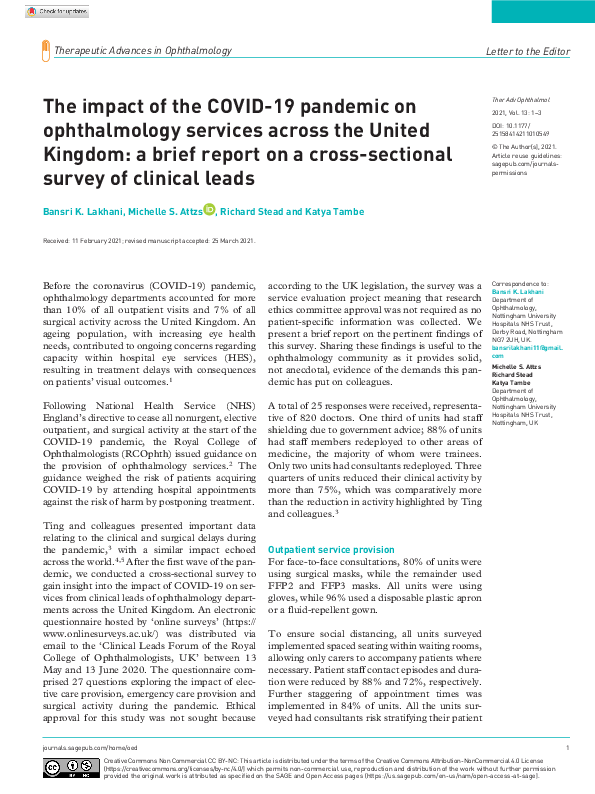 (PDF) The impact of the COVID-19 pandemic on ophthalmology services ...