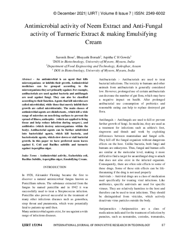 (PDF) Antimicrobial activity of Neem Extract and AntiFungal activity